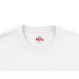 Close-up of a white crewneck t-shirt showing the inner neck label with the red 'Myts' logo and small gray graphic.