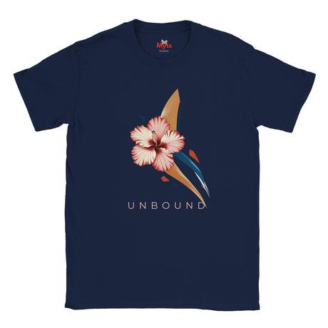 Navy UNBOUND hibiscus graphic T-shirt with pink flower and abstract navy and gold design photographed on a grey studio background.