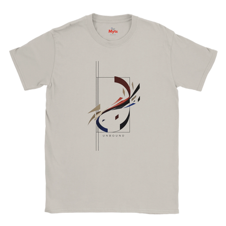 A Ice Grey crewneck t-shirt with a central abstract graphic print featuring geometric shapes in red, blue, black, and beige, with the word 'UNBOUND' printed below.