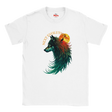 A white short-sleeve crewneck t-shirt featuring a graphic print of a stylized wolf's head in profile with teal, green, and red tones, a glowing orange full moon, and the text 'NEXT EVOLUTION' arched above. The inner collar shows the red 'Myts' brand logo.