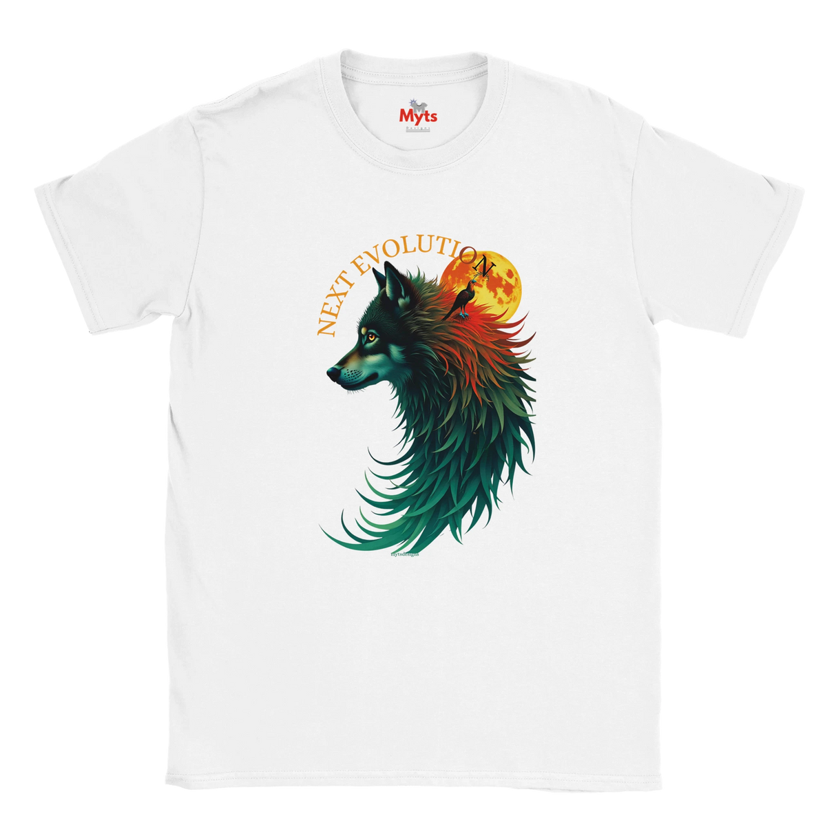 A white short-sleeve crewneck t-shirt featuring a graphic print of a stylized wolf's head in profile with teal, green, and red tones, a glowing orange full moon, and the text 'NEXT EVOLUTION' arched above. The inner collar shows the red 'Myts' brand logo.