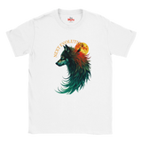 A white short-sleeve crewneck t-shirt featuring a graphic print of a stylized wolf's head in profile with teal, green, and red tones, a glowing orange full moon, and the text 'NEXT EVOLUTION' arched above. The inner collar shows the red 'Myts' brand logo.