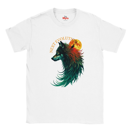 A white short-sleeve crewneck t-shirt featuring a graphic print of a stylized wolf's head in profile with teal, green, and red tones, a glowing orange full moon, and the text 'NEXT EVOLUTION' arched above. The inner collar shows the red 'Myts' brand logo.