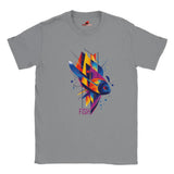 A grey t-shirt with a vibrant geometric design featuring multicolored fish and aquatic patterns.