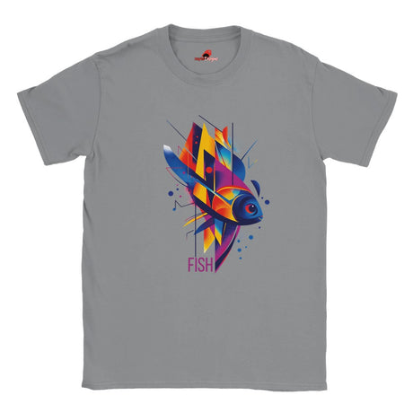 A grey t-shirt with a vibrant geometric design featuring multicolored fish and aquatic patterns.