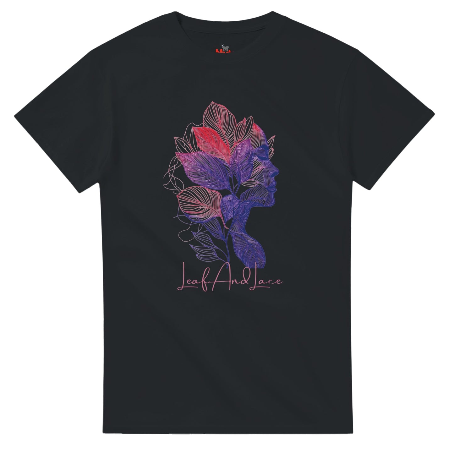 Black t-shirt with colorful leaf design and 'Leaf And Lace' text on a white background