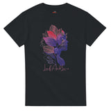 Black t-shirt with colorful leaf design and 'Leaf And Lace' text on a white background