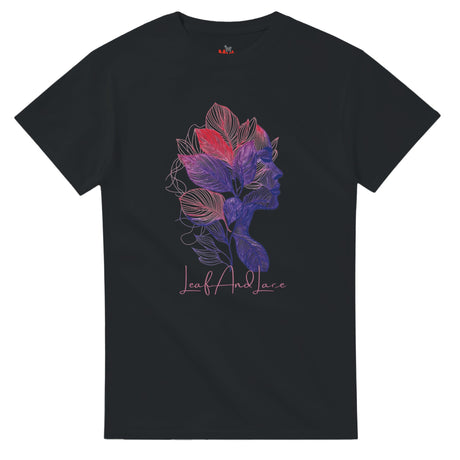 Black t-shirt with colorful leaf design and 'Leaf And Lace' text on a white background