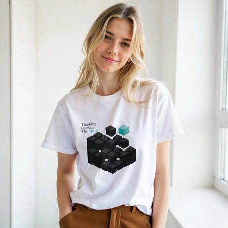Person wearing a white t-shirt with a black and blue graphic design.