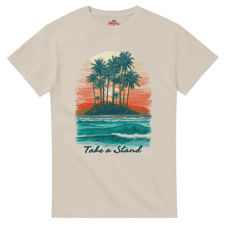 Sand t-shirt with a tropical island graphic and 'Take a Stand' text on a white background