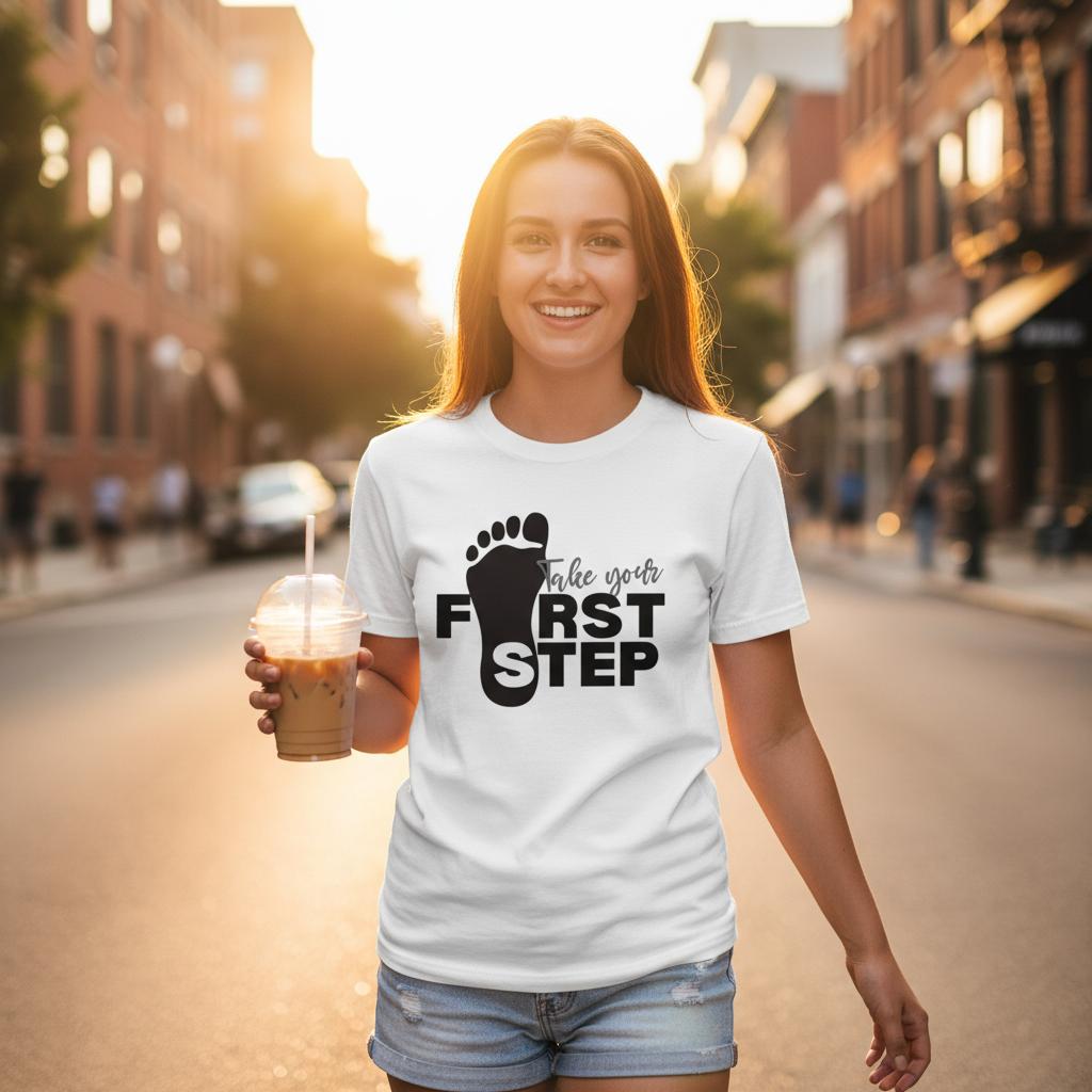 Woman wearing a white t-shirt with 'First Step' design, holding a drink on a city street.