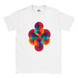 White t-shirt with a colorful geometric design on a white background