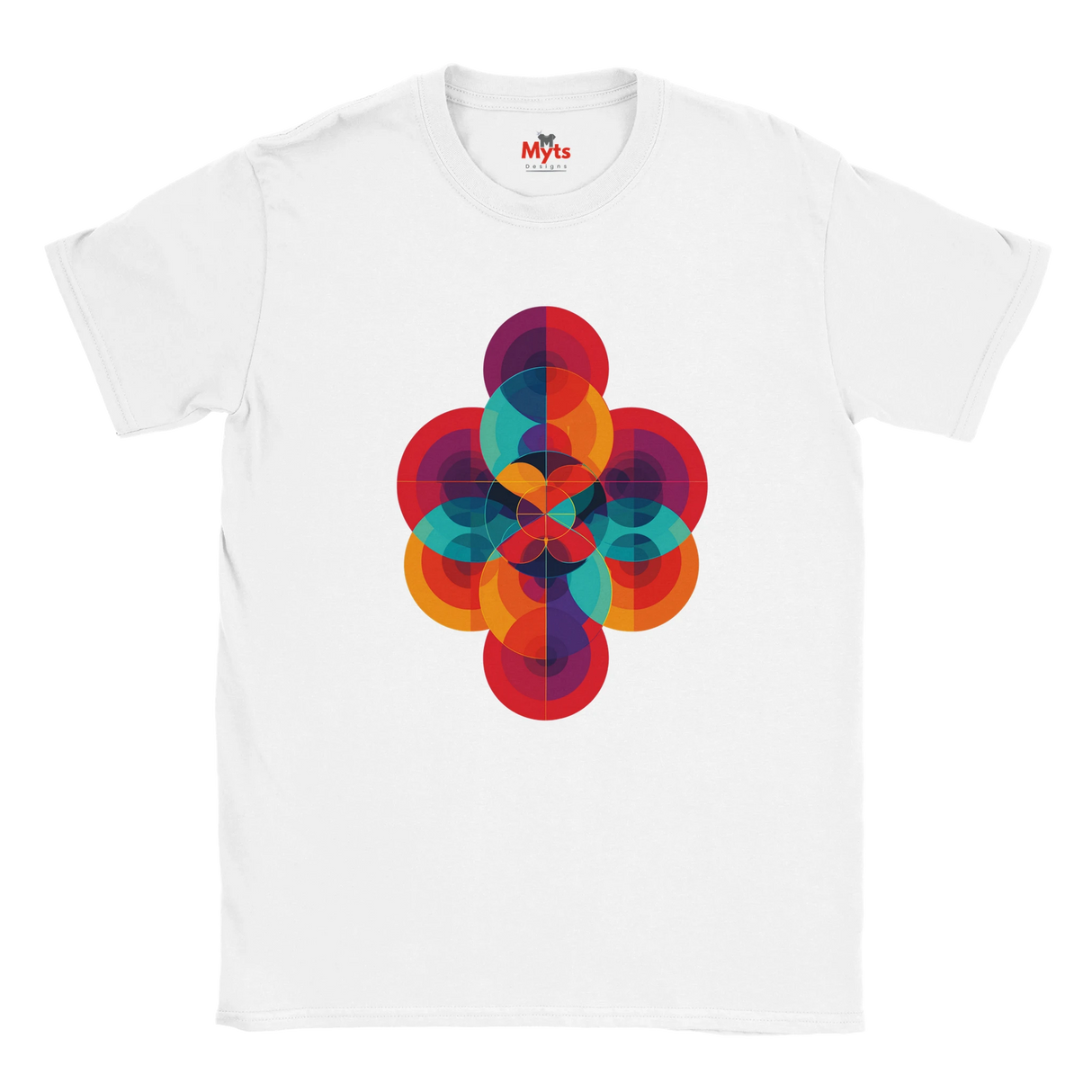 White t-shirt with a colorful geometric design on a white background