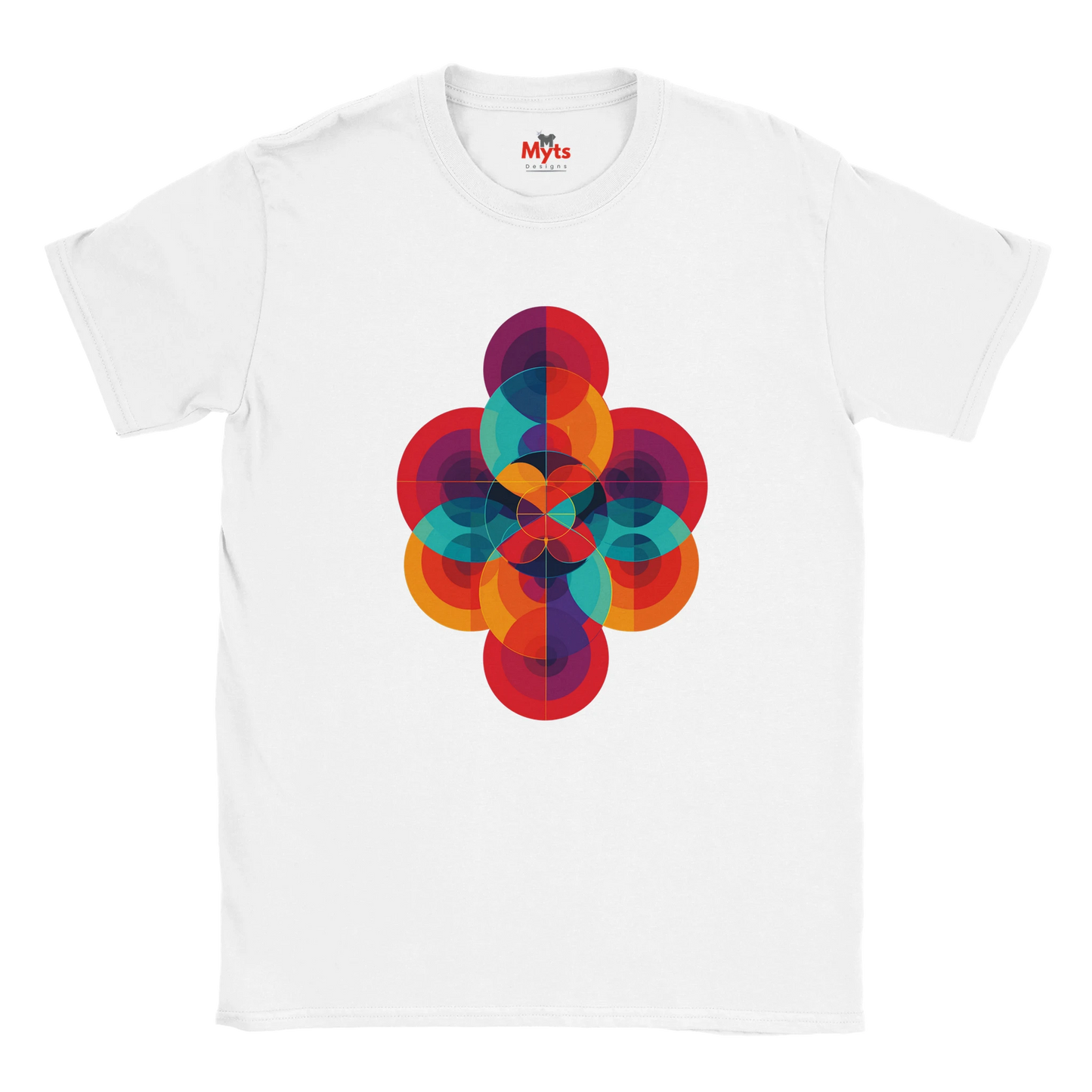 White t-shirt with a colorful geometric design on a white background