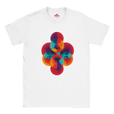 White t-shirt with a colorful geometric design on a white background