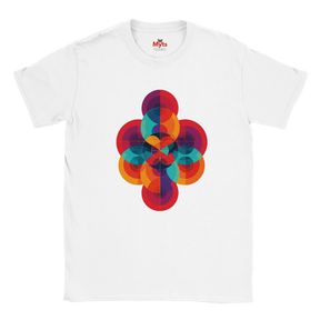 White t-shirt with a colorful geometric design on a white background
