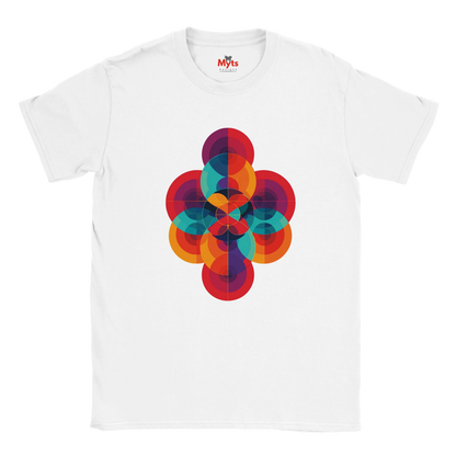 White t-shirt with a colorful geometric design on a white background