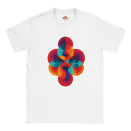 White t-shirt with a colorful geometric design on a white background