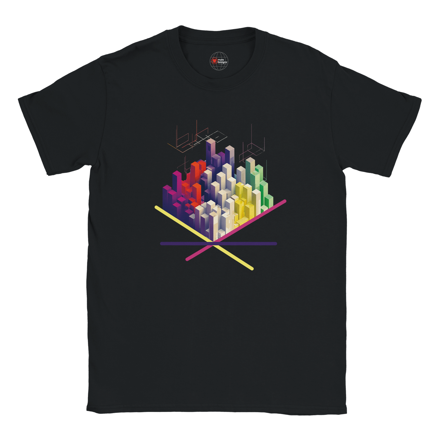 Black t-shirt with colorful geometric design on a white background
