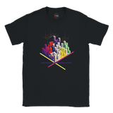 Black t-shirt with colorful geometric design on a white background