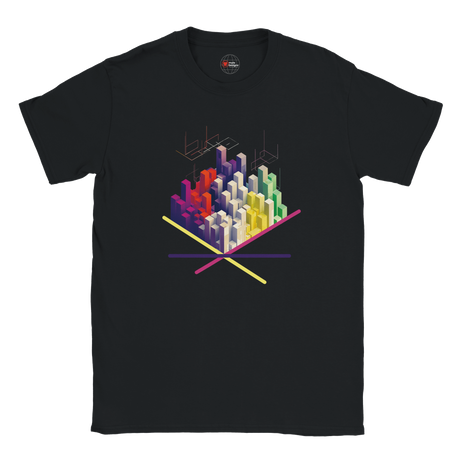 Black t-shirt with colorful geometric design on a white background