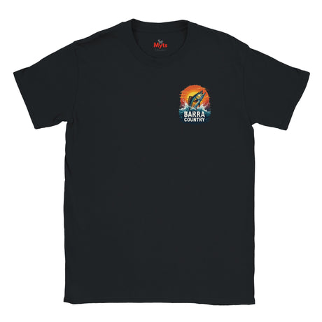 Black t-shirt with a colorful graphic and text on a white background