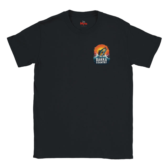 Black t-shirt with a colorful graphic and text on a white background