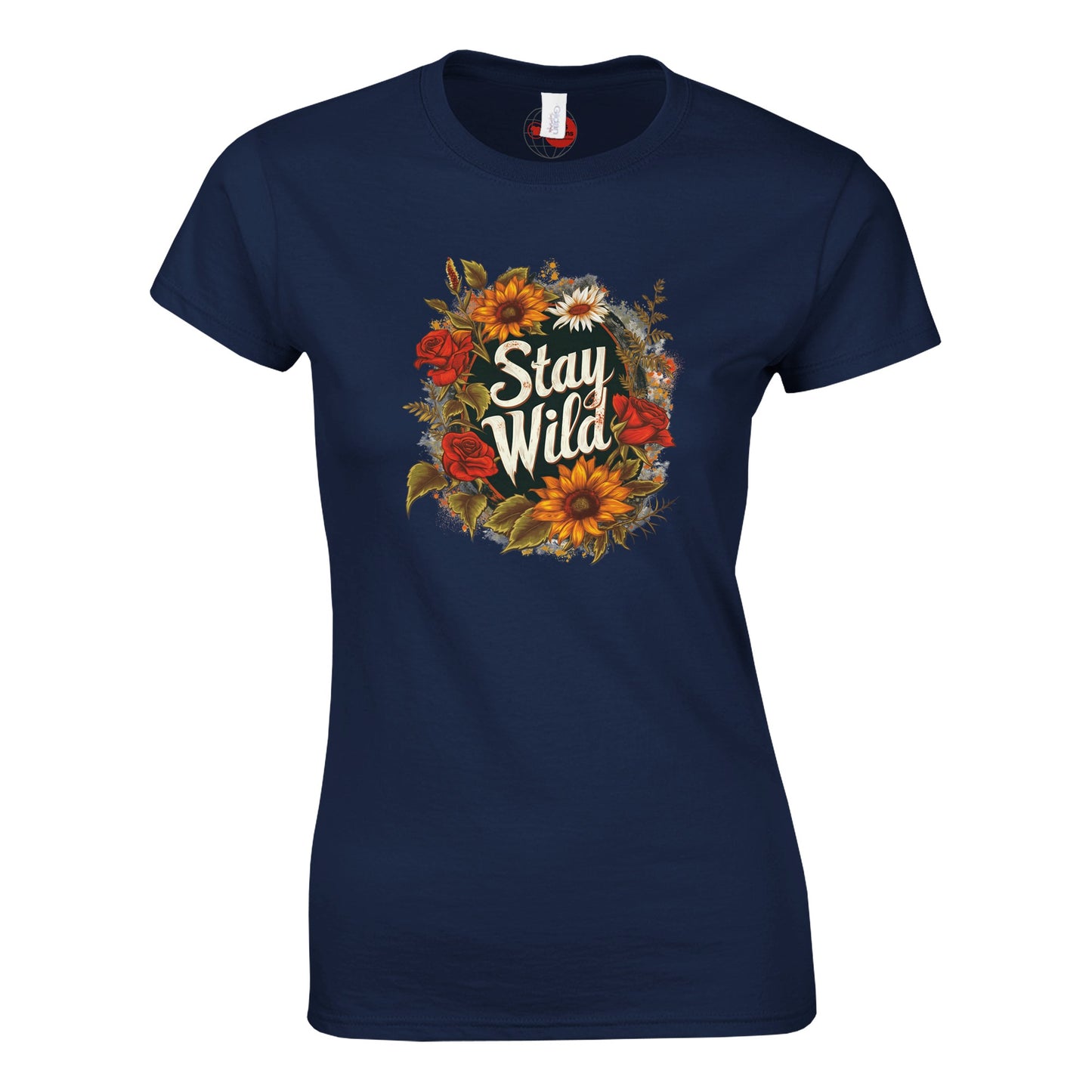 Navy blue t-shirt with floral design and 'Stay Wild' text on a white background