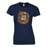 Navy blue t-shirt with floral design and 'Stay Wild' text on a white background