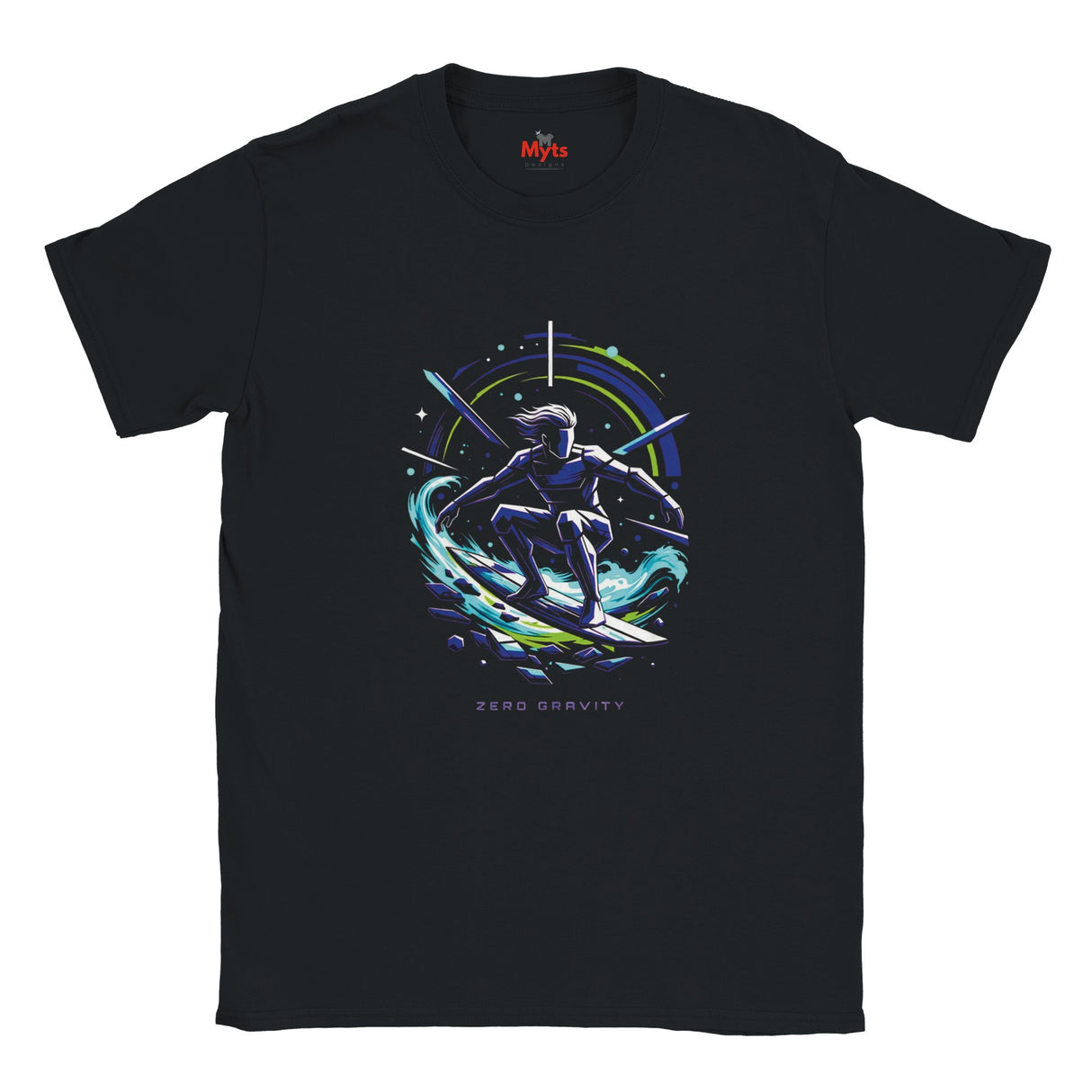 Black t-shirt with a space-themed graphic of a person surfing on a wave, branded 'Myts'.