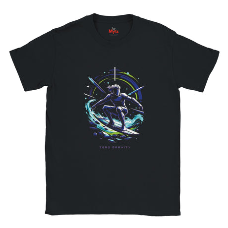 Black t-shirt with a space-themed graphic of a person surfing on a wave, branded 'Myts'.