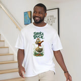 Man wearing a white t-shirt with 'Farka Duck' graphic design indoors.
