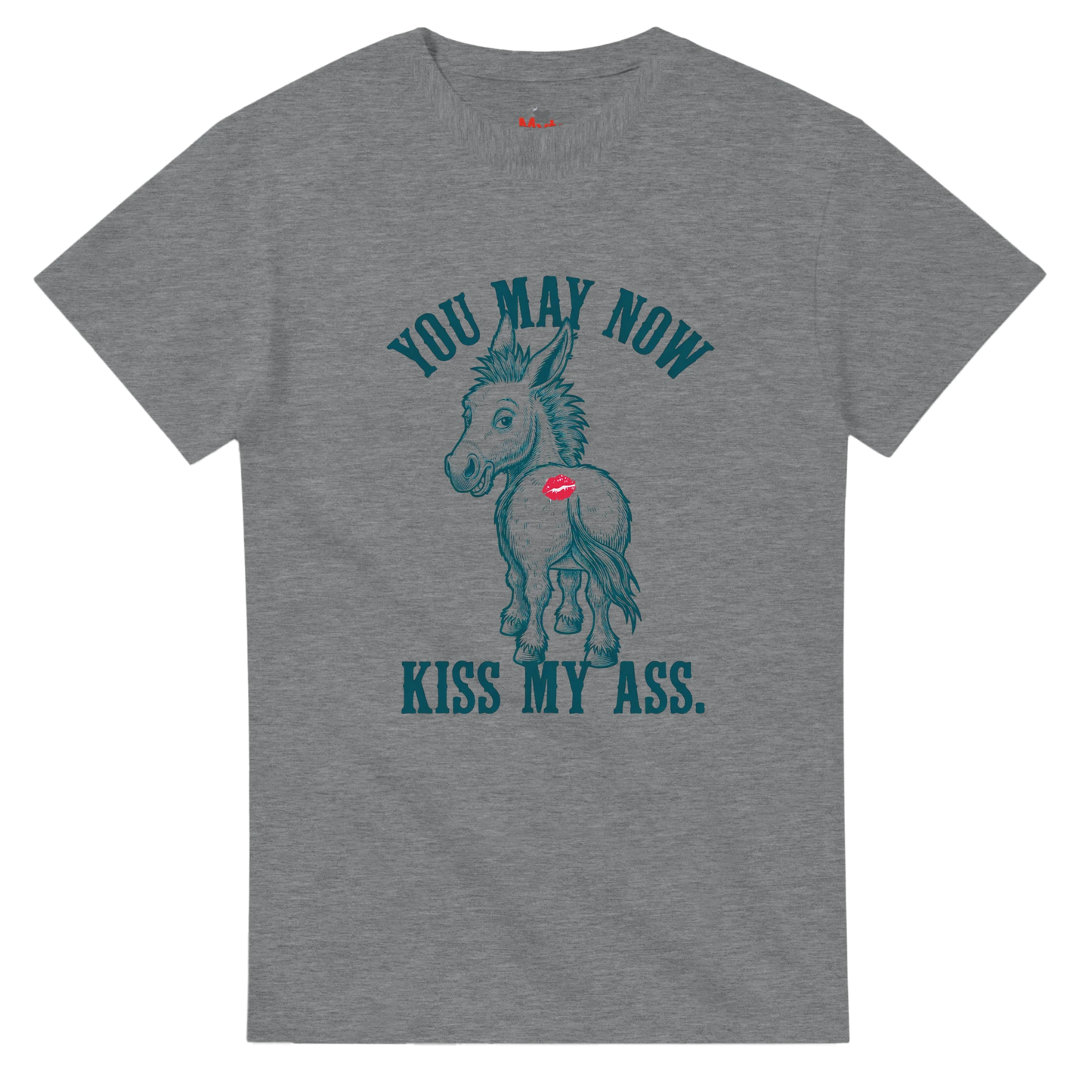 Gray t-shirt with a graphic of a donkey and text on a white background