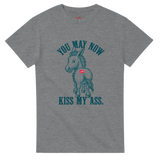 Gray t-shirt with a graphic of a donkey and text on a white background