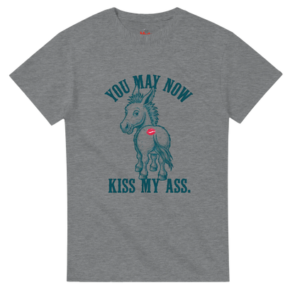 Gray t-shirt with a graphic of a donkey and text on a white background