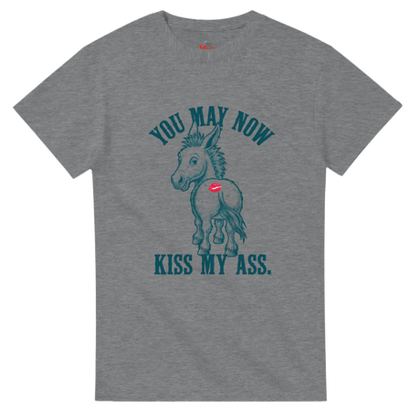 Gray t-shirt with a graphic of a donkey and text on a white background