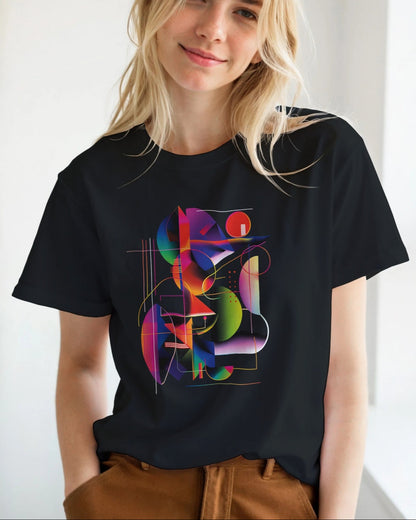 Person wearing a black t-shirt with a colorful abstract design in a bright room.