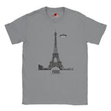 Front view of a sports grey soft casual tee featuring a whimsical graphic of the Eiffel Tower with a retro‑style spaceship orbiting it, printed on ultra‑soft Gildan 64000 cotton.
