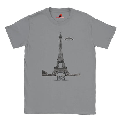 Front view of a sports grey soft casual tee featuring a whimsical graphic of the Eiffel Tower with a retro‑style spaceship orbiting it, printed on ultra‑soft Gildan 64000 cotton.