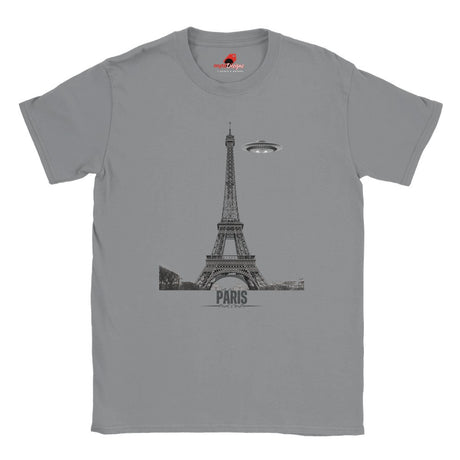 Front view of a sports grey soft casual tee featuring a whimsical graphic of the Eiffel Tower with a retro‑style spaceship orbiting it, printed on ultra‑soft Gildan 64000 cotton.