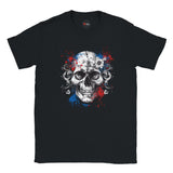 Black t-shirt with a skull design featuring red, blue, and white colors on a white background.