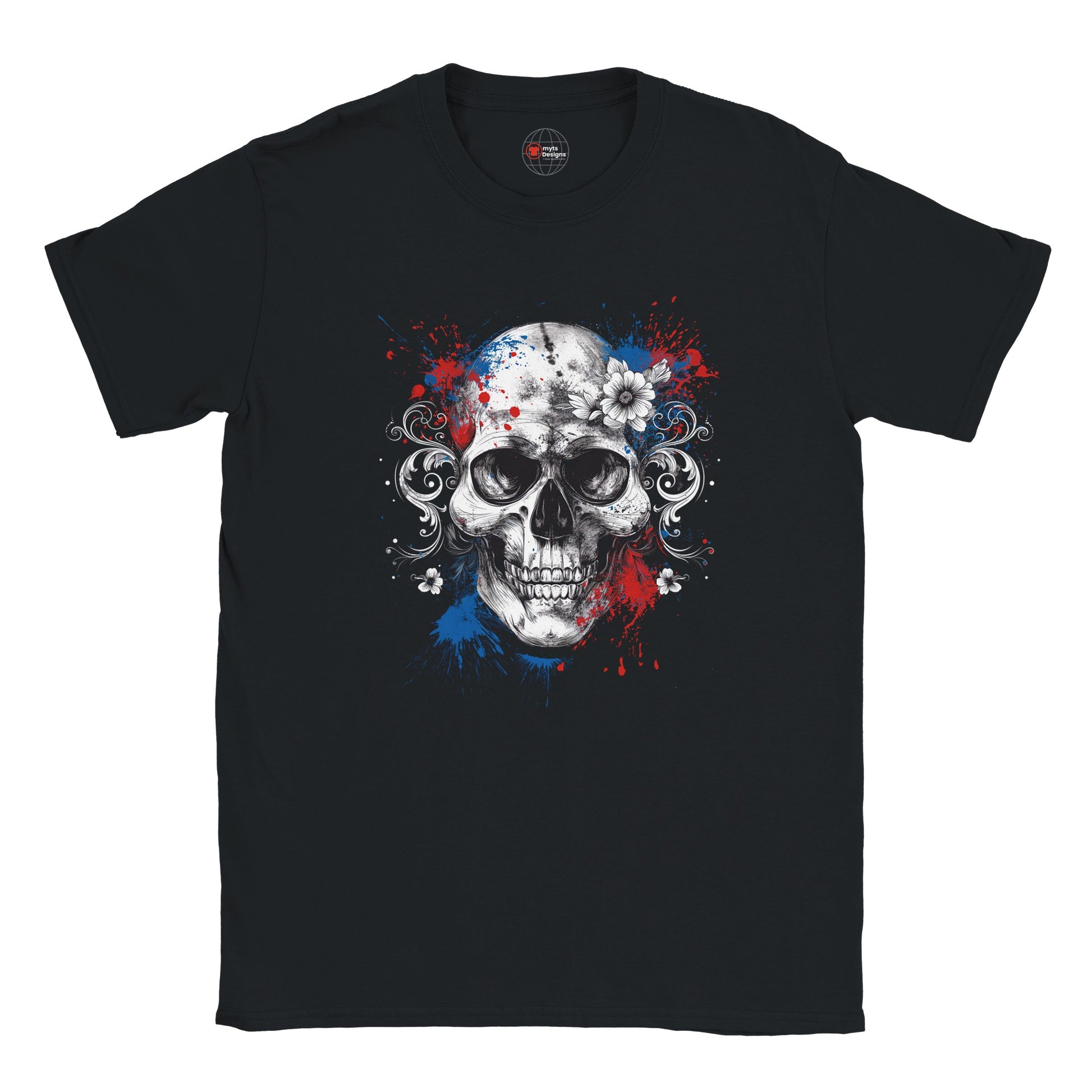 Black t-shirt with a skull design featuring red, blue, and white colors on a white background.