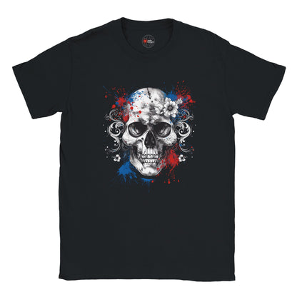 Black t-shirt with a skull design featuring red, blue, and white colors on a white background.