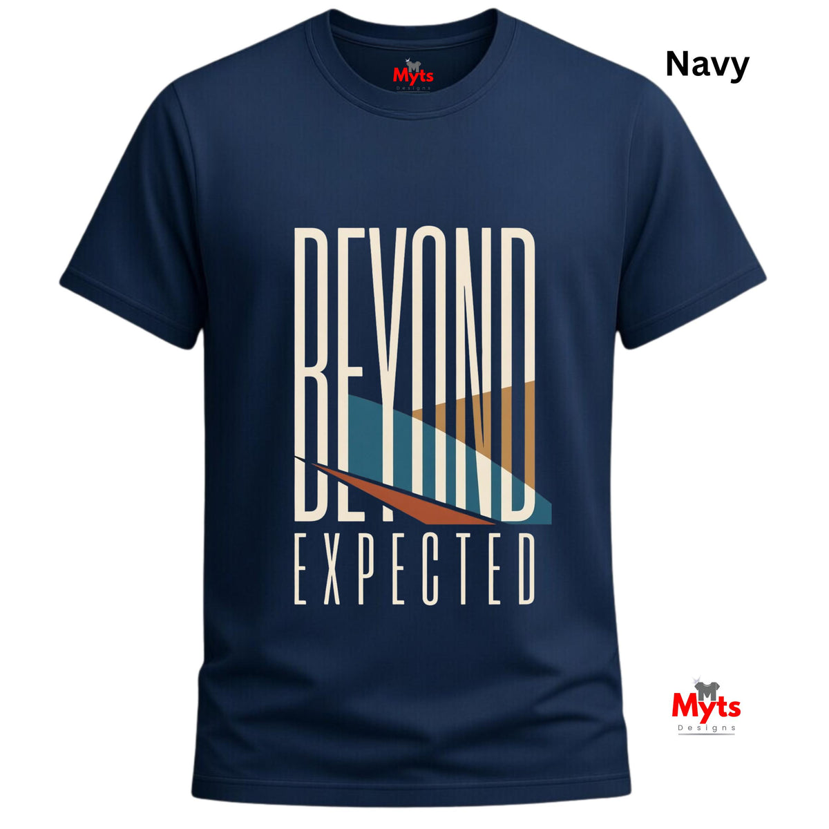 A navy blue short-sleeve t-shirt with a graphic print reading 'BEYOND EXPECTED' in white, featuring a teal and orange geometric design. The brand 'Myts' is visible on the inner neck label and as a watermark logo in the bottom right corner.