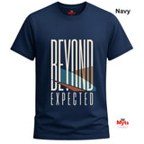 A navy blue short-sleeve t-shirt with a graphic print reading 'BEYOND EXPECTED' in white, featuring a teal and orange geometric design. The brand 'Myts' is visible on the inner neck label and as a watermark logo in the bottom right corner.