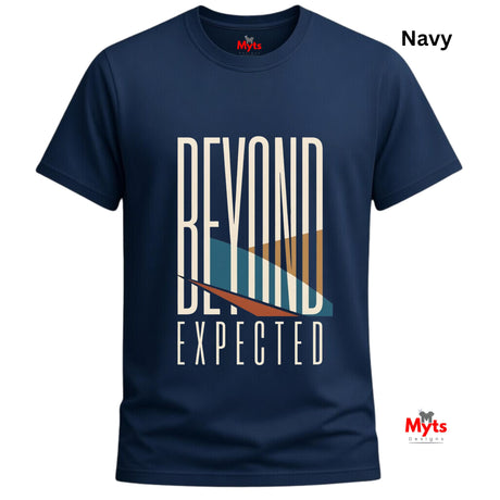 A navy blue short-sleeve t-shirt with a graphic print reading 'BEYOND EXPECTED' in white, featuring a teal and orange geometric design. The brand 'Myts' is visible on the inner neck label and as a watermark logo in the bottom right corner.