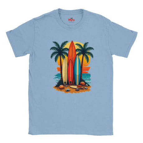 Light blue t-shirt with a graphic of surfboards and palm trees on a white background