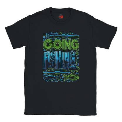 Black t-shirt with 'Going Fishing' graphic design on a white background