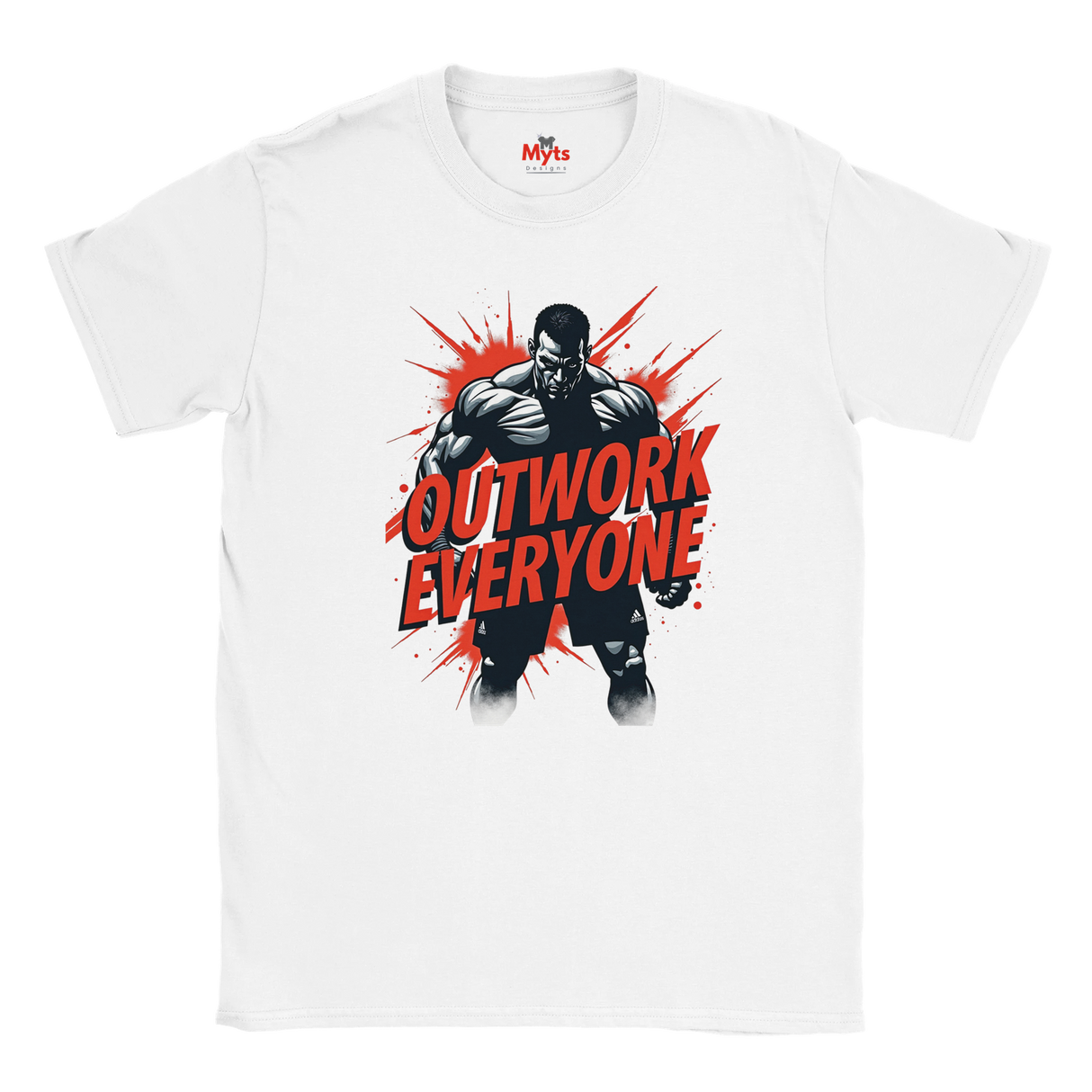White t-shirt with a graphic of a muscular man and 'Outwork Everyone' text on a white background