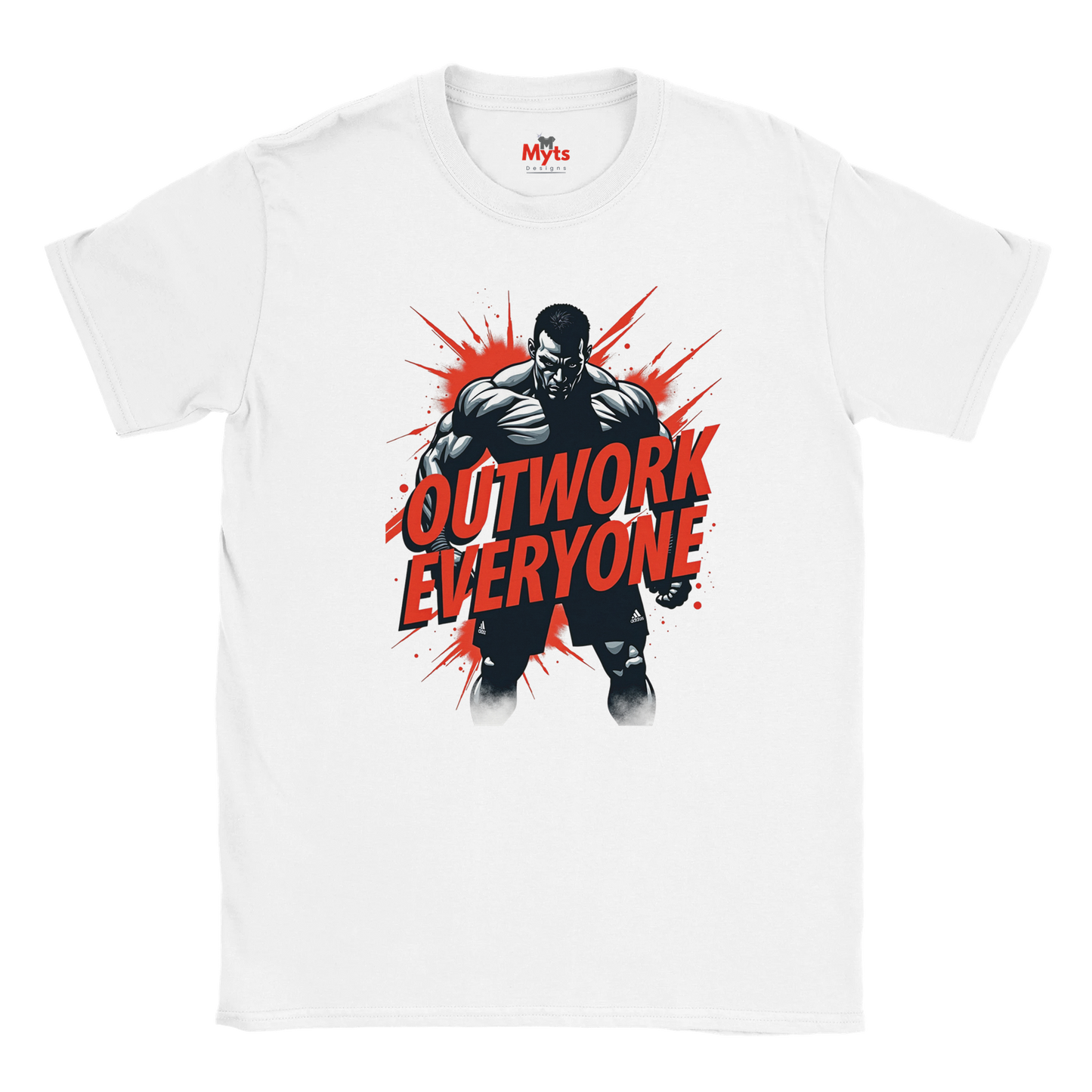 White t-shirt with a graphic of a muscular man and 'Outwork Everyone' text on a white background